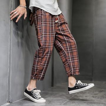 Chinese Style Baggy Pants Black Plaid Casual Pants Mens Streetwear Harem Pants Male Checkered Trousers Plus Size Men Joggers aidase-shop